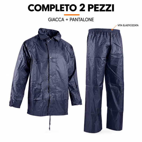 Completo Antipioggia Impermeabile e Antivento, set 2 pezzi con giacca a bottoni e pantaloni con vita elasticizzata Klondo