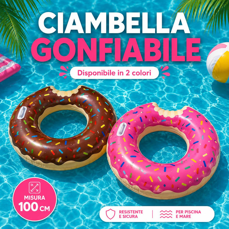 Ciambella Gonfiabile a Forma di Donut Ø100 cm – Salvagente Gonfiabile per Mare e Piscina, Disponibile Rosa o Cioccolato Klondo