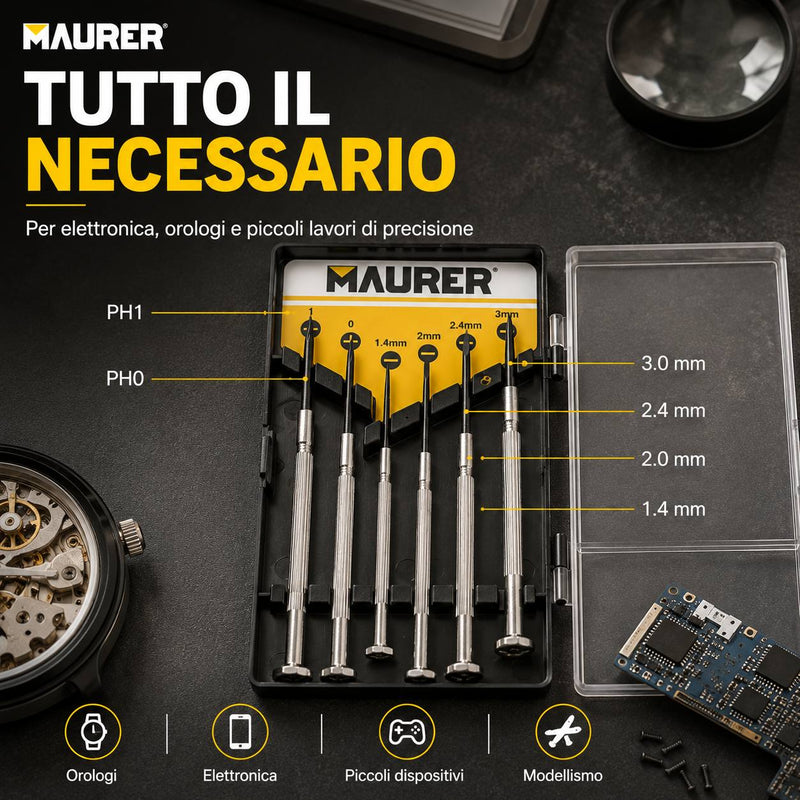 Set Cacciaviti di Precisione Maurer 6 Pezzi – Kit per Orologi, Elettronica, Smartphone e Piccole Riparazioni con Custodia Klondo