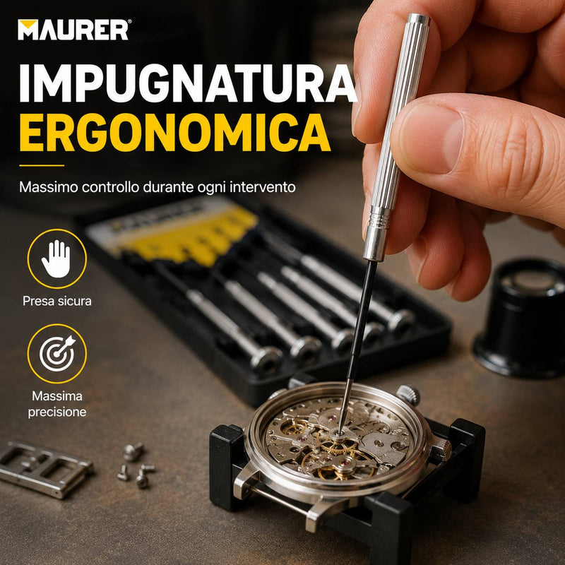 Set Cacciaviti di Precisione Maurer 6 Pezzi – Kit per Orologi, Elettronica, Smartphone e Piccole Riparazioni con Custodia Klondo
