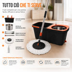 Set Mocio Rotante con Doppio Secchio e Centrifuga – Sistema Lavapavimenti con Cestello in Acciaio Inox, Testina Rotante 360°, Panno in Microfibra, Dispenser Detergente, Manico in Acciaio Klondo