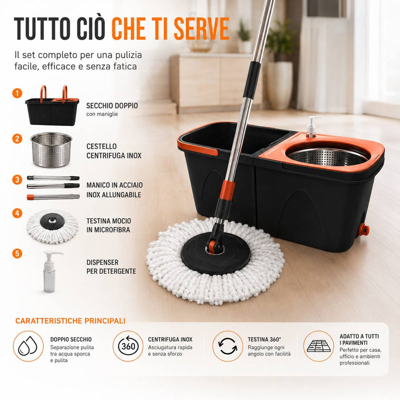 Set Mocio Rotante con Doppio Secchio e Centrifuga – Sistema Lavapavimenti con Cestello in Acciaio Inox, Testina Rotante 360°, Panno in Microfibra, Dispenser Detergente, Manico in Acciaio Klondo