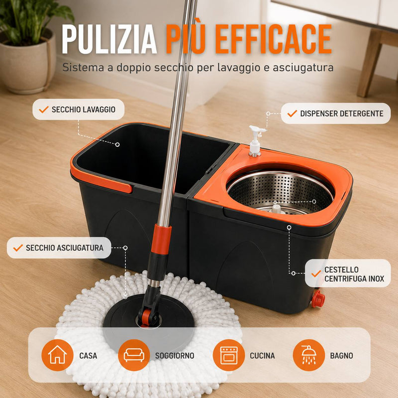 Set Mocio Rotante con Doppio Secchio e Centrifuga – Sistema Lavapavimenti con Cestello in Acciaio Inox, Testina Rotante 360°, Panno in Microfibra, Dispenser Detergente, Manico in Acciaio Klondo