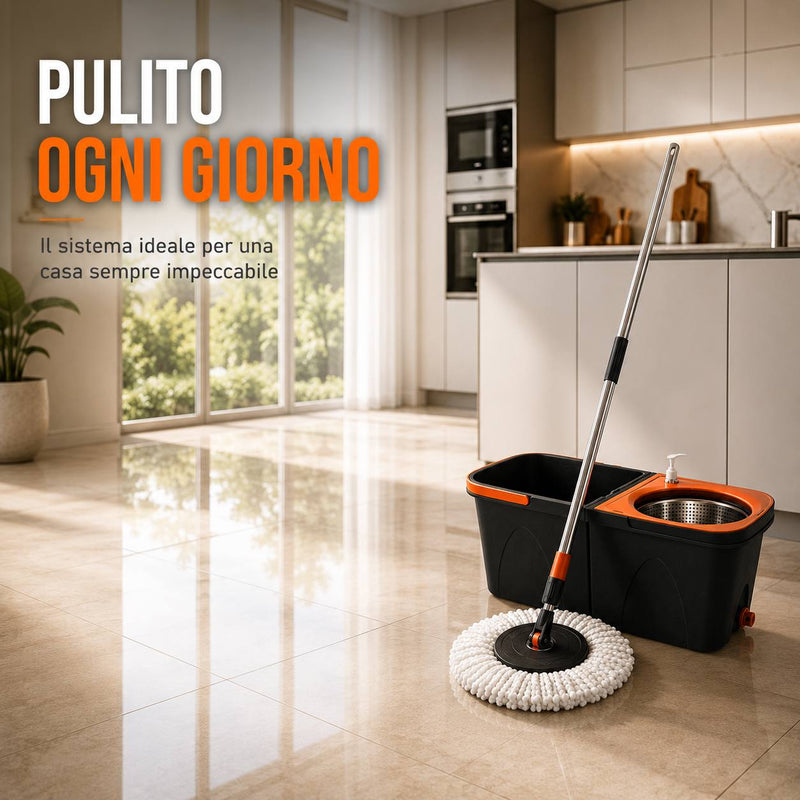 Set Mocio Rotante con Doppio Secchio e Centrifuga – Sistema Lavapavimenti con Cestello in Acciaio Inox, Testina Rotante 360°, Panno in Microfibra, Dispenser Detergente, Manico in Acciaio Klondo