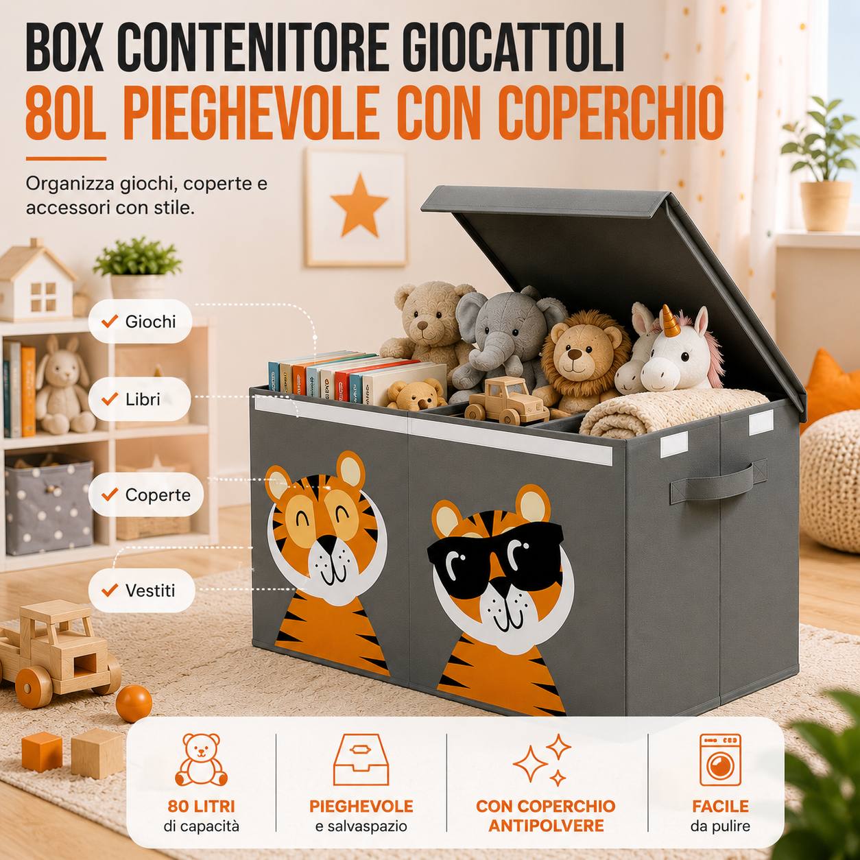 Box Contenitore Giocattoli Pieghevole 80L con Coperchio, Divisore Rimovibile, Salvaspazio, Contenitore Porta Giochi, Libri e Vestiti per Cameretta, Soggiorno e Camera Klondo