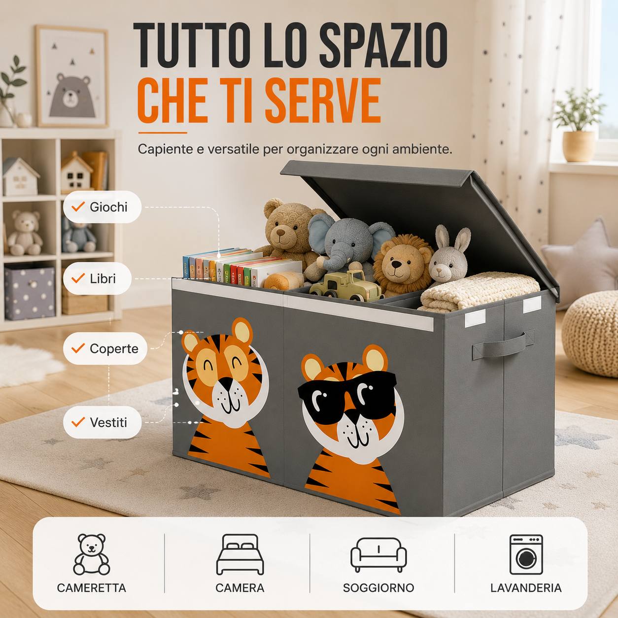 Box Contenitore Giocattoli Pieghevole 80L con Coperchio, Divisore Rimovibile, Salvaspazio, Contenitore Porta Giochi, Libri e Vestiti per Cameretta, Soggiorno e Camera Klondo