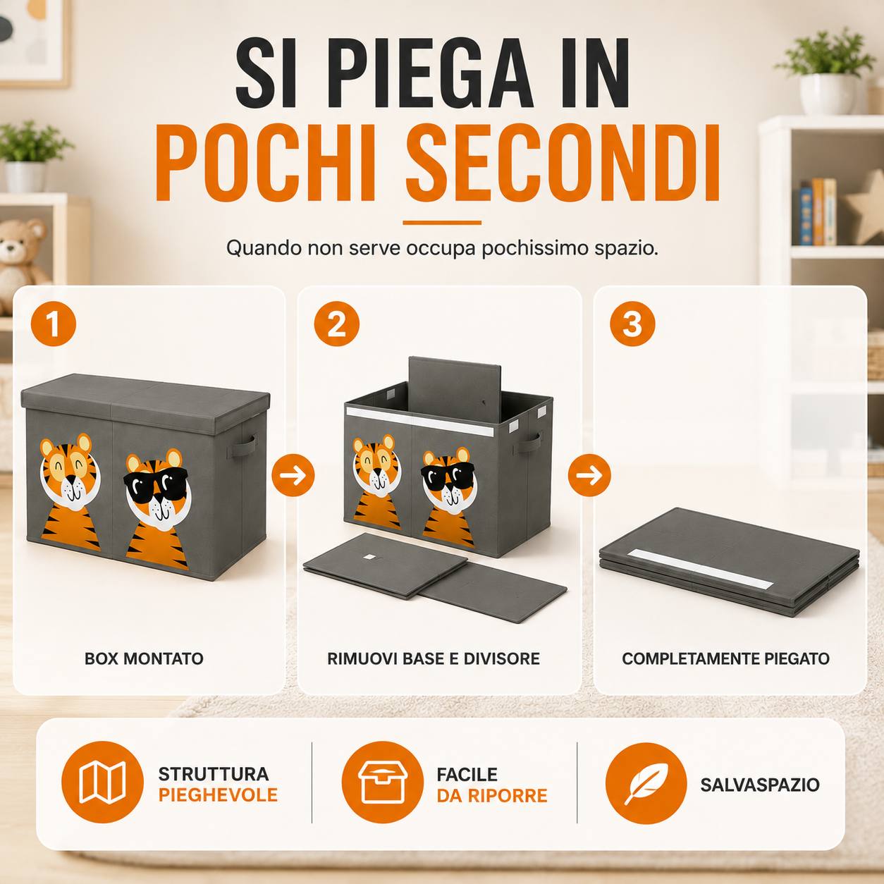 Box Contenitore Giocattoli Pieghevole 80L con Coperchio, Divisore Rimovibile, Salvaspazio, Contenitore Porta Giochi, Libri e Vestiti per Cameretta, Soggiorno e Camera Klondo