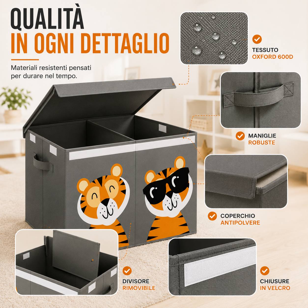 Box Contenitore Giocattoli Pieghevole 80L con Coperchio, Divisore Rimovibile, Salvaspazio, Contenitore Porta Giochi, Libri e Vestiti per Cameretta, Soggiorno e Camera Klondo