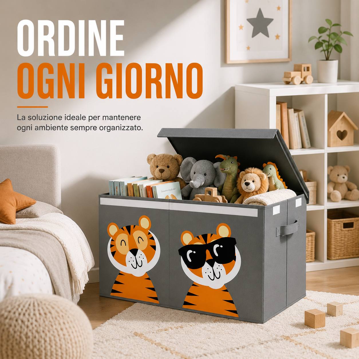Box Contenitore Giocattoli Pieghevole 80L con Coperchio, Divisore Rimovibile, Salvaspazio, Contenitore Porta Giochi, Libri e Vestiti per Cameretta, Soggiorno e Camera Klondo