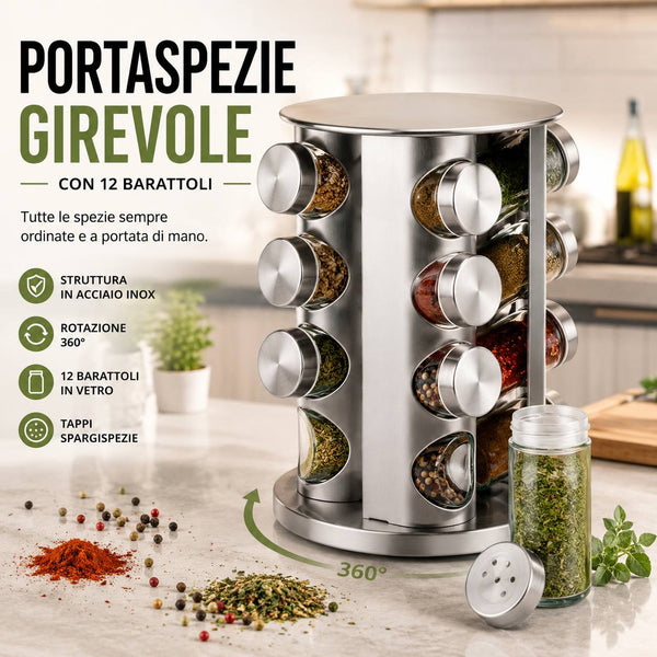 Portaspezie Girevole 360° con 12 Barattoli in Vetro e Acciaio Inox – Organizer Spezie da Cucina con Tappi Spargispezie, Supporto Salvaspazio Rotante Klondo