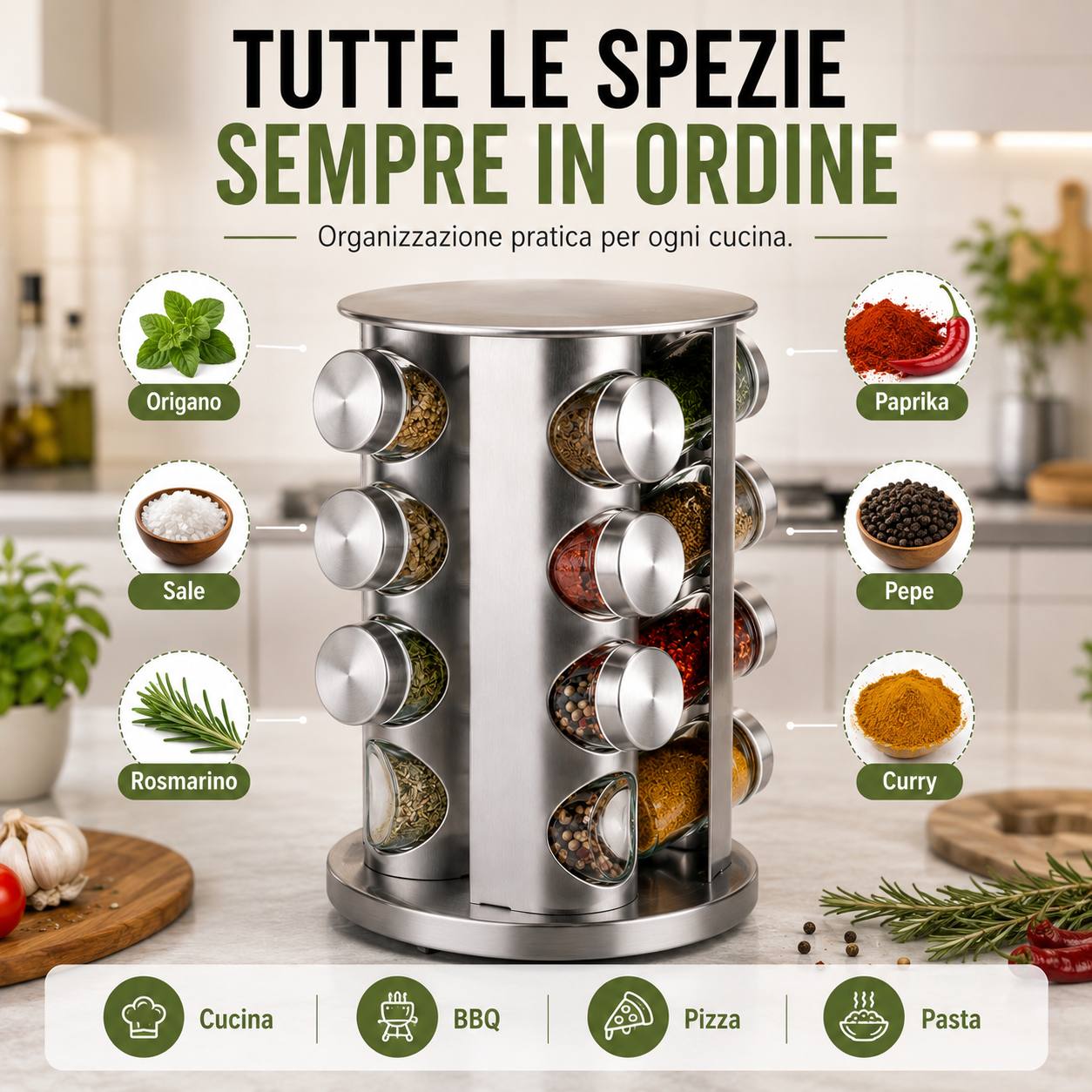 Portaspezie Girevole 360° con 12 Barattoli in Vetro e Acciaio Inox – Organizer Spezie da Cucina con Tappi Spargispezie, Supporto Salvaspazio Rotante Klondo