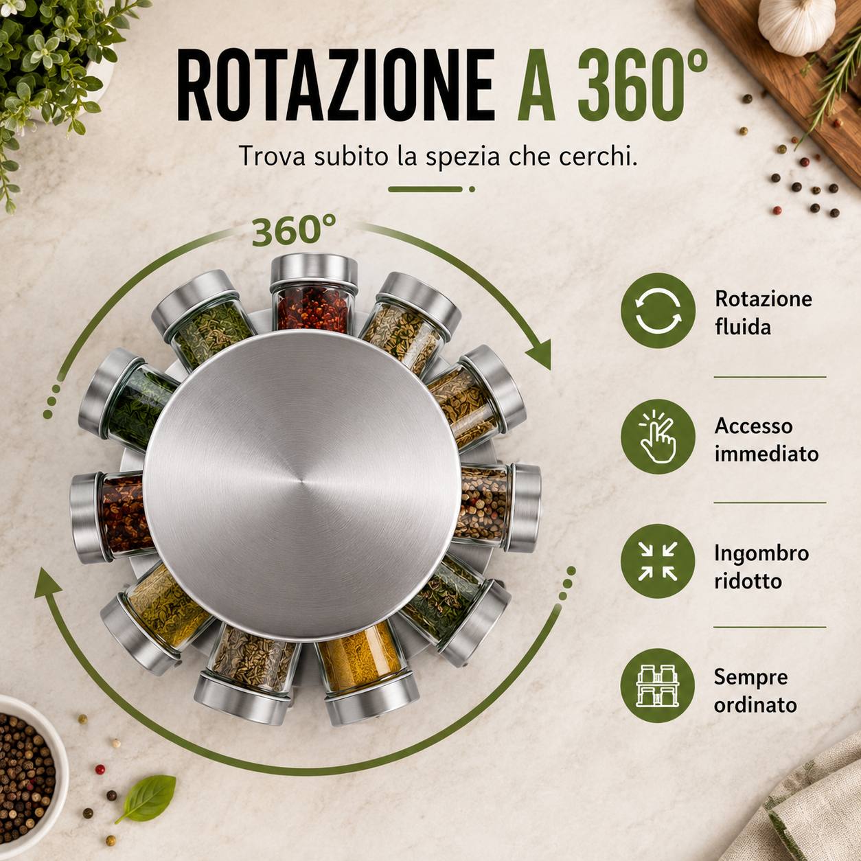 Portaspezie Girevole 360° con 12 Barattoli in Vetro e Acciaio Inox – Organizer Spezie da Cucina con Tappi Spargispezie, Supporto Salvaspazio Rotante Klondo