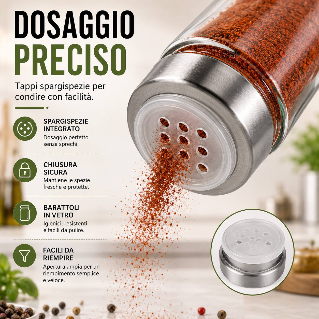 Portaspezie Girevole 360° con 12 Barattoli in Vetro e Acciaio Inox – Organizer Spezie da Cucina con Tappi Spargispezie, Supporto Salvaspazio Rotante Klondo