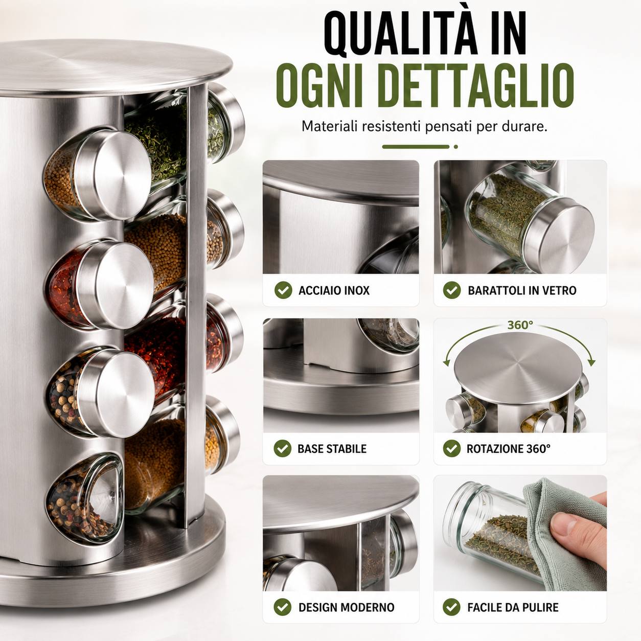 Portaspezie Girevole 360° con 12 Barattoli in Vetro e Acciaio Inox – Organizer Spezie da Cucina con Tappi Spargispezie, Supporto Salvaspazio Rotante Klondo