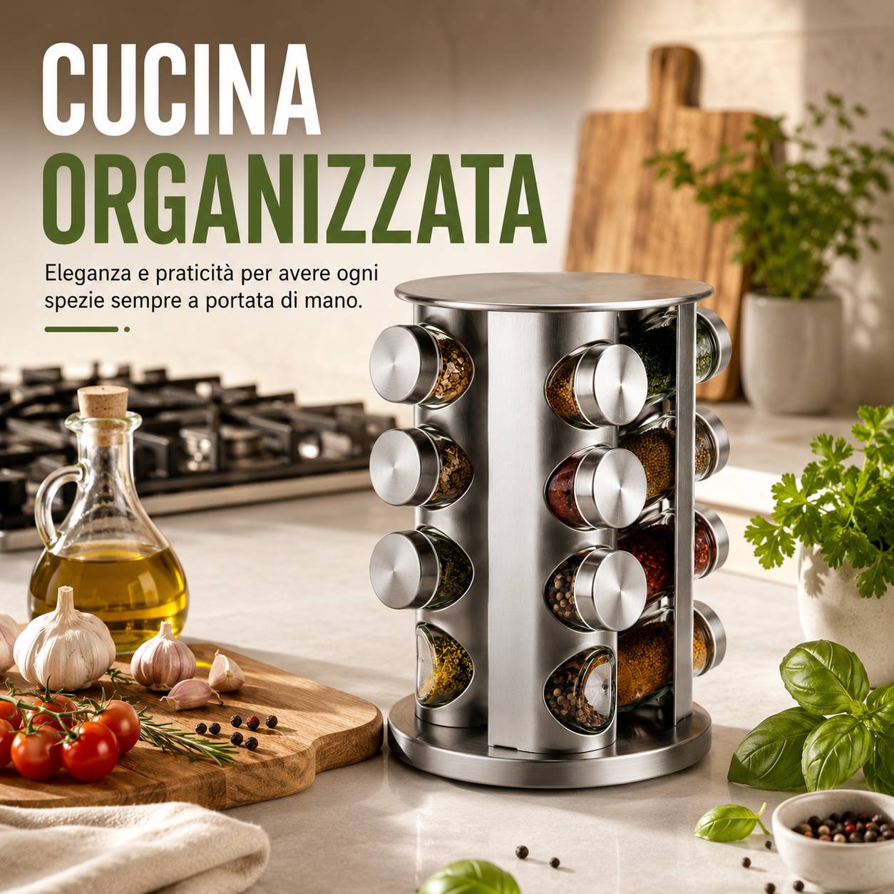 Portaspezie Girevole 360° con 12 Barattoli in Vetro e Acciaio Inox – Organizer Spezie da Cucina con Tappi Spargispezie, Supporto Salvaspazio Rotante Klondo