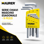 Serie Chiavi Maschio Esagonale Maurer 9 Pezzi in Acciaio Cromo Vanadio Satinato con Custodia Compatta Maurer