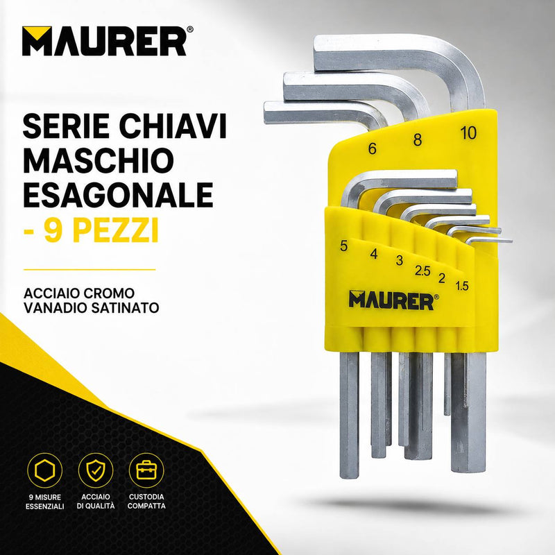 Serie Chiavi Maschio Esagonale Maurer 9 Pezzi in Acciaio Cromo Vanadio Satinato con Custodia Compatta Maurer