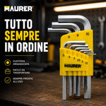 Serie Chiavi Maschio Esagonale Maurer 9 Pezzi in Acciaio Cromo Vanadio Satinato con Custodia Compatta Maurer