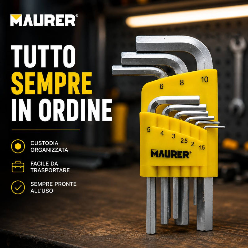 Serie Chiavi Maschio Esagonale Maurer 9 Pezzi in Acciaio Cromo Vanadio Satinato con Custodia Compatta Maurer