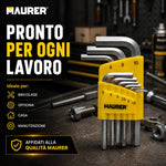 Serie Chiavi Maschio Esagonale Maurer 9 Pezzi in Acciaio Cromo Vanadio Satinato con Custodia Compatta Maurer