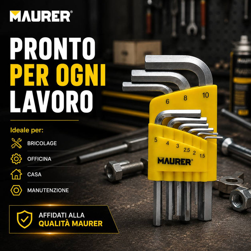 Serie Chiavi Maschio Esagonale Maurer 9 Pezzi in Acciaio Cromo Vanadio Satinato con Custodia Compatta Maurer