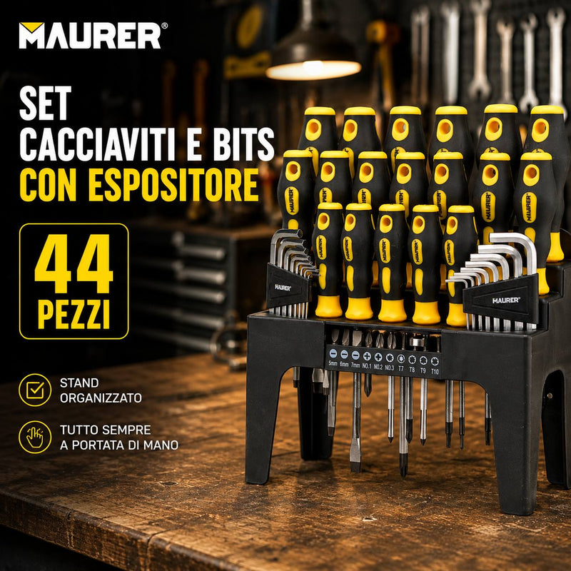 Set Cacciaviti Maurer 44 Pezzi con Espositore - Impugnatura Bicomponente, Punta Magnetica Maurer
