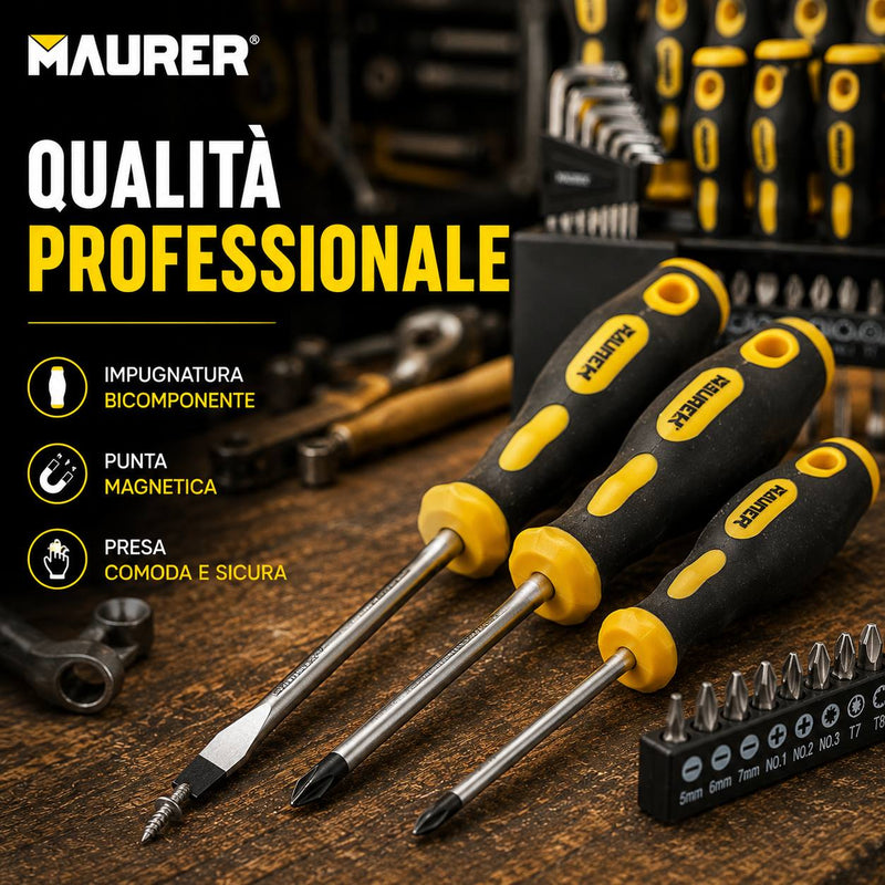 Set Cacciaviti Maurer 44 Pezzi con Espositore - Impugnatura Bicomponente, Punta Magnetica Maurer