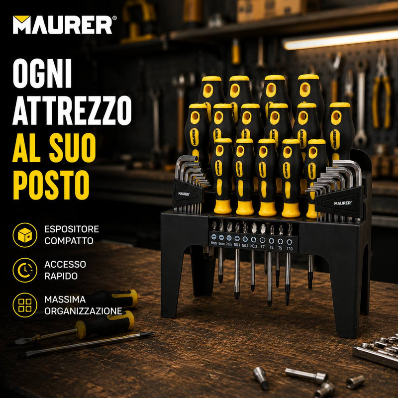 Set Cacciaviti Maurer 44 Pezzi con Espositore - Impugnatura Bicomponente, Punta Magnetica Maurer