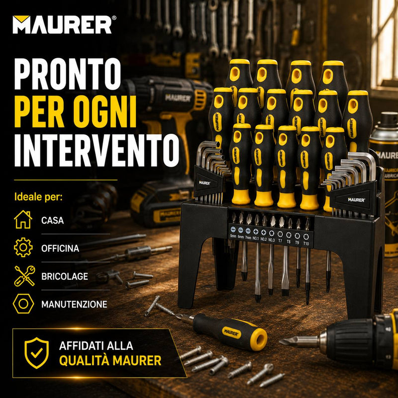 Set Cacciaviti Maurer 44 Pezzi con Espositore - Impugnatura Bicomponente, Punta Magnetica Maurer