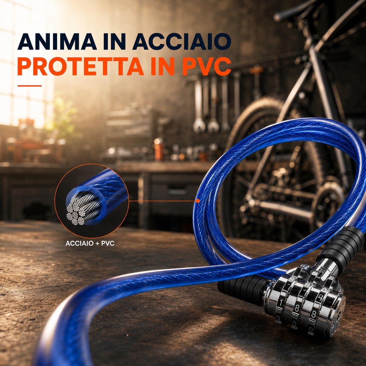 Lucchetto Bici Maurer a Combinazione 4 Cifre – Cavo in Acciaio Rivestito in PVC, Ø 8 mm, Lunghezza 55 cm, Blu Maurer