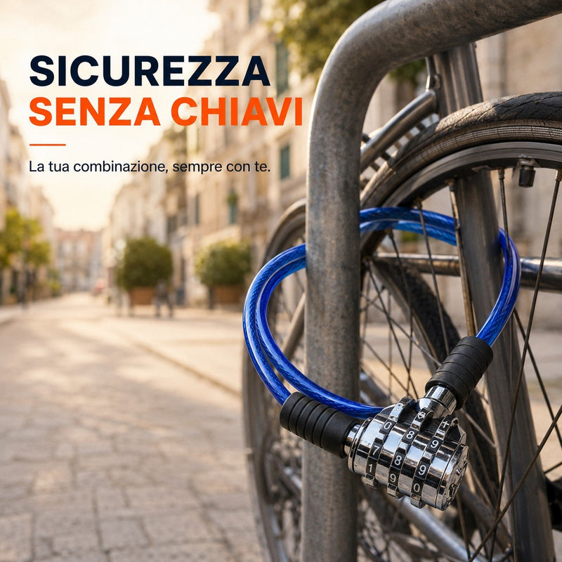 Lucchetto Bici Maurer a Combinazione 4 Cifre – Cavo in Acciaio Rivestito in PVC, Ø 8 mm, Lunghezza 55 cm, Blu Maurer