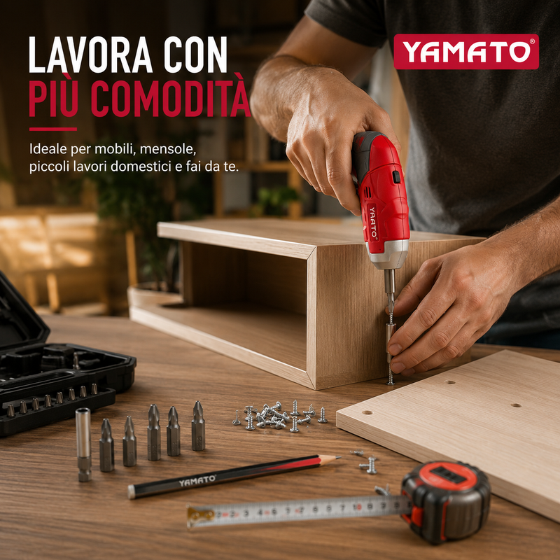 Avvitatore a Batteria Yamato 3,6V Reversibile con Impugnatura Orientabile a 2 Posizioni, Valigetta con 24 Inserti Yamato
