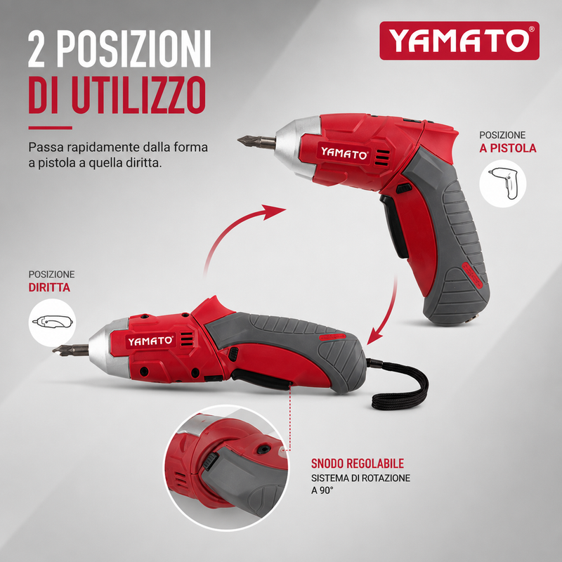Avvitatore a Batteria Yamato 3,6V Reversibile con Impugnatura Orientabile a 2 Posizioni, Valigetta con 24 Inserti Yamato