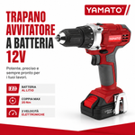Trapano Avvitatore a Batteria 12V Yamato, Batteria al Litio, 20 Nm, 2 Velocità, Mandrino Autoserrante 10 mm, Reversibile Klondo