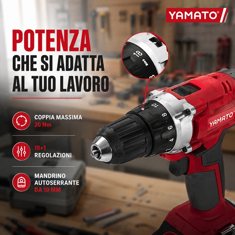Trapano Avvitatore a Batteria 12V Yamato, Batteria al Litio, 20 Nm, 2 Velocità, Mandrino Autoserrante 10 mm, Reversibile Klondo
