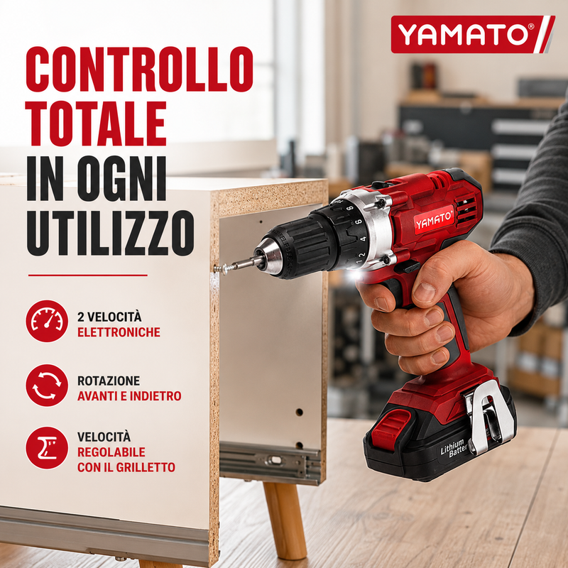 Trapano Avvitatore a Batteria 12V Yamato, Batteria al Litio, 20 Nm, 2 Velocità, Mandrino Autoserrante 10 mm, Reversibile Klondo
