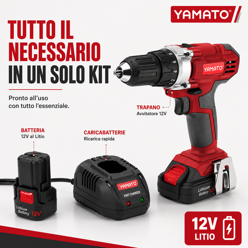 Trapano Avvitatore a Batteria 12V Yamato, Batteria al Litio, 20 Nm, 2 Velocità, Mandrino Autoserrante 10 mm, Reversibile Klondo