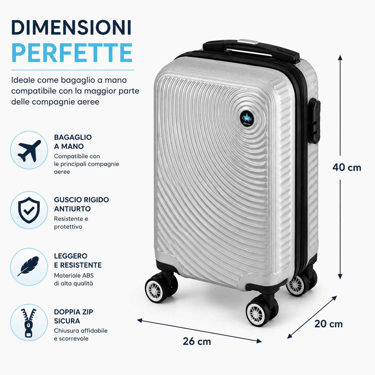 Mini Trolley Rigido con Ruote Rimovibili,  Bagaglio a Mano 40×26×20 cm con Serratura di Sicurezza Klondo