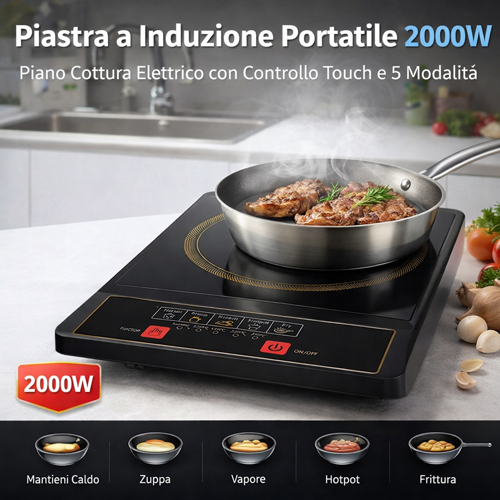 Piastra a Induzione Portatile 2000W – Con Controllo Touch e 5 Modalità di Cottura Klondo