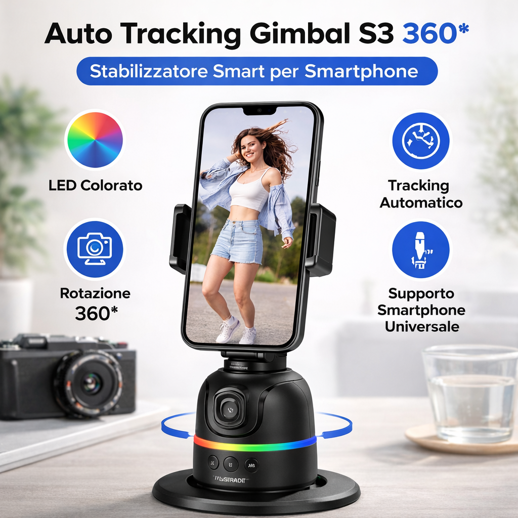Gimbal Auto Tracking S3 360° – Stabilizzatore Intelligente per Video, TikTok e Creator Klondo