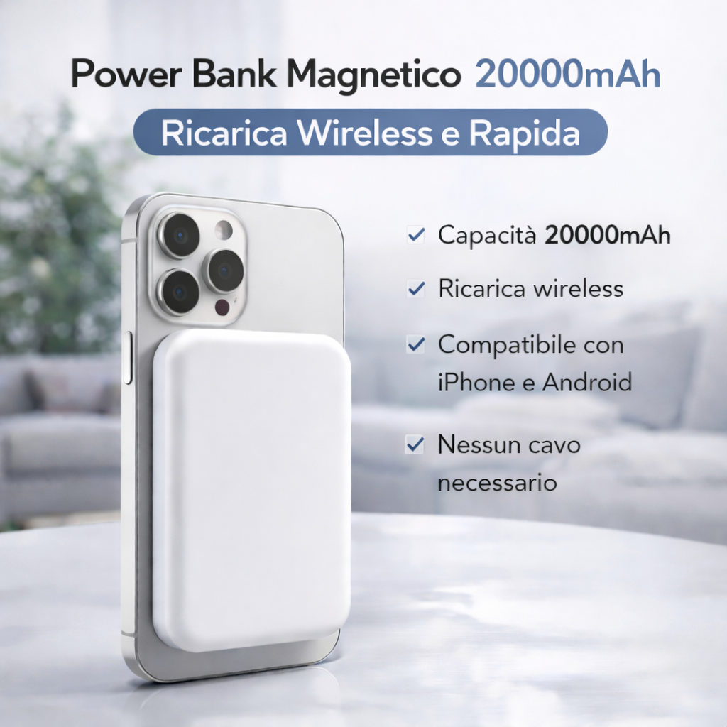 Power Bank Magnetico 20000mAh Wireless – Ricarica Rapida per iPhone e Smartphone Klondo