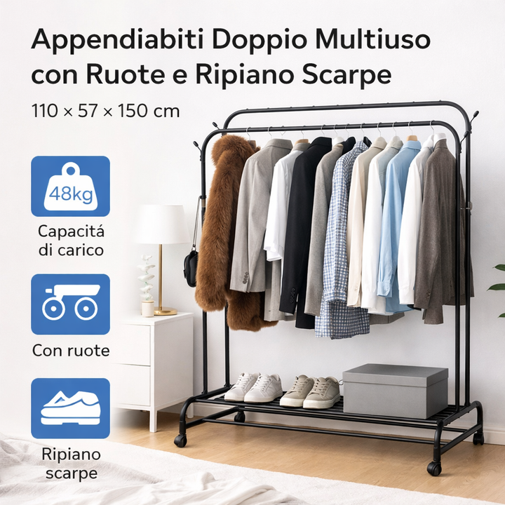 Appendiabiti Doppio con Ruote e Ripiano Scarpe – Stand Porta Abiti in Metallo Resistente fino a 48 kg Klondo