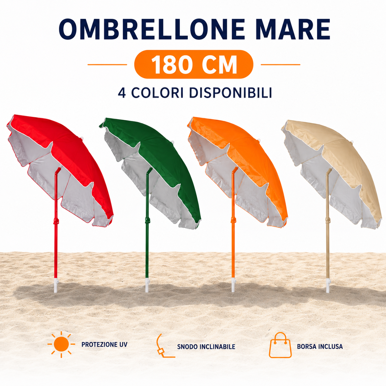 Ombrellone Mare 180 cm Inclinabile con Snodo – Palo in Acciaio – 4 Colori Disponibili – Rosso, Arancione, Beige, Verde Klondo
