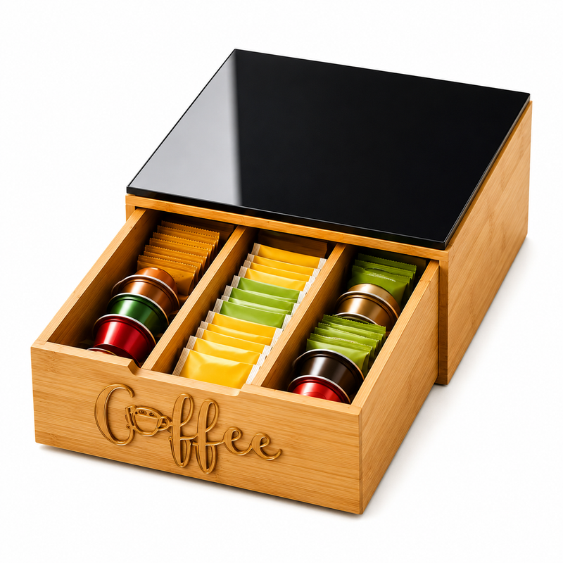 Scatola Porta Capsule Caffè in Bambù con 3 Scomparti e Coperchio in Vetro Nero – Organizer per Capsule, Bustine di Tè, Zucchero e Accessori, Salvaspazio per Cucina e Ufficio Klondo