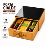 Scatola Porta Capsule Caffè in Bambù con 3 Scomparti e Coperchio in Vetro Nero – Organizer per Capsule, Bustine di Tè, Zucchero e Accessori, Salvaspazio per Cucina e Ufficio Klondo