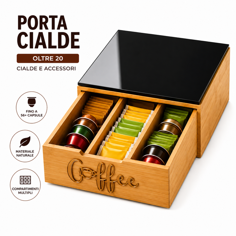 Scatola Porta Capsule Caffè in Bambù con 3 Scomparti e Coperchio in Vetro Nero – Organizer per Capsule, Bustine di Tè, Zucchero e Accessori, Salvaspazio per Cucina e Ufficio Klondo