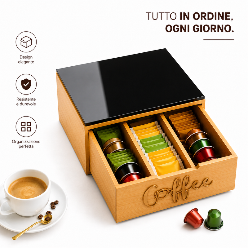 Scatola Porta Capsule Caffè in Bambù con 3 Scomparti e Coperchio in Vetro Nero – Organizer per Capsule, Bustine di Tè, Zucchero e Accessori, Salvaspazio per Cucina e Ufficio Klondo