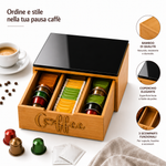Scatola Porta Capsule Caffè in Bambù con 3 Scomparti e Coperchio in Vetro Nero – Organizer per Capsule, Bustine di Tè, Zucchero e Accessori, Salvaspazio per Cucina e Ufficio Klondo