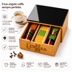 Scatola Porta Capsule Caffè in Bambù con 3 Scomparti e Coperchio in Vetro Nero – Organizer per Capsule, Bustine di Tè, Zucchero e Accessori, Salvaspazio per Cucina e Ufficio Klondo