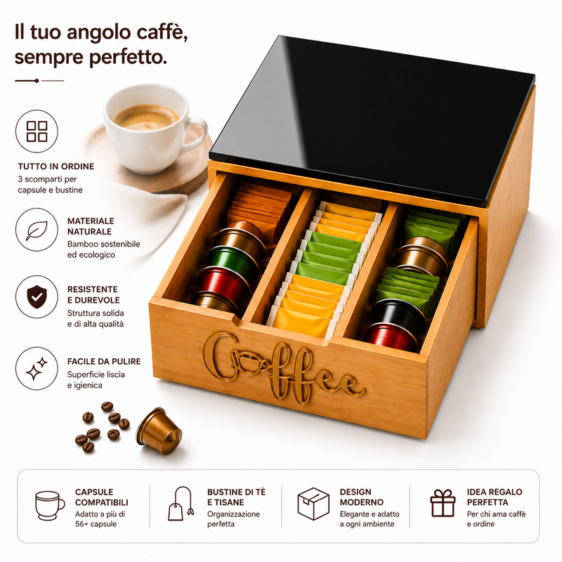 Scatola Porta Capsule Caffè in Bambù con 3 Scomparti e Coperchio in Vetro Nero – Organizer per Capsule, Bustine di Tè, Zucchero e Accessori, Salvaspazio per Cucina e Ufficio Klondo